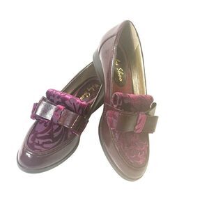 Ruby Shoo Burgundy Glossy Slip On Low Heel Velvet Bow Women's US 5 UK3 EU 36 NEW